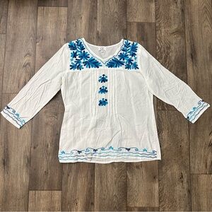 Chic Connection Embroidered 3/4 Sleeve Tunic Women’s Size XL White Blue